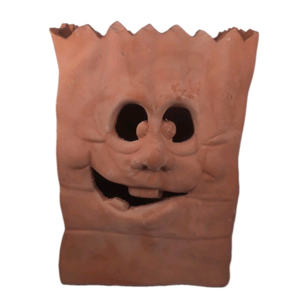 1990s Terracotta Pottery Halloween Funny Face Trick Or Treat Bag Vase Luminary